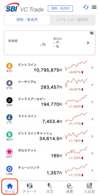 SBI VCトレード販売所：ホームから購入銘柄を選択する画面