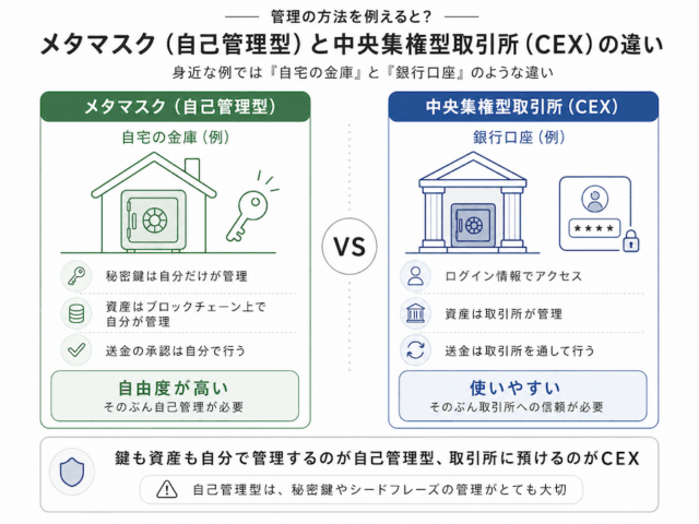 自己管理型ウォレットと取引所ウォレットの違いを比較した図