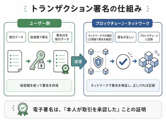 秘密鍵による電子署名からブロックチェーンへの記録までの流れ図