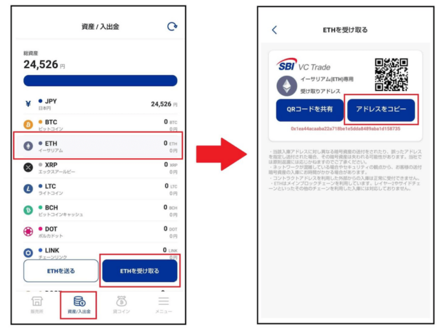 SBI VCトレード入金アドレス画面
