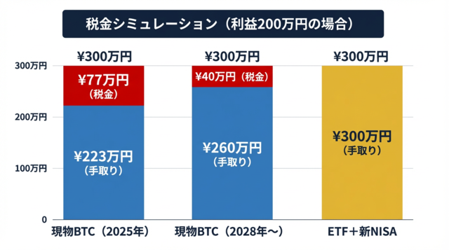 ビットコインETF税金シミュレーション 100万円投資が300万円に増えた場合の比較 現物BTC2025年は税金77万円 2028年は40万円 新NISA活用で税金0円