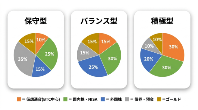 仮想通貨を含むポートフォリオの配分パターン3型（保守型・バランス型・積極型）の円グラフ比較