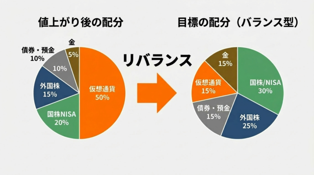 リバランスのイメージ図 値上がり後の偏った配分から目標のバランス型配分に調整する流れ