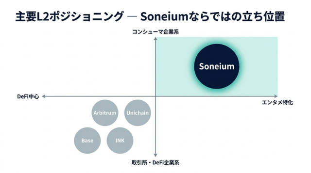 主要L2ポジショニングマトリックス Base・Arbitrum・Soneium・Unichain・INKの立ち位置比較