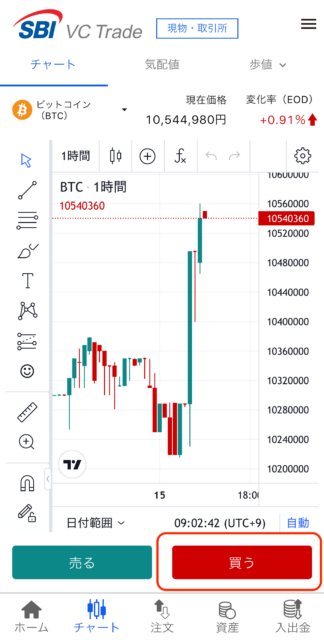 SBI VCトレード取引所：買うボタンを選択する画面