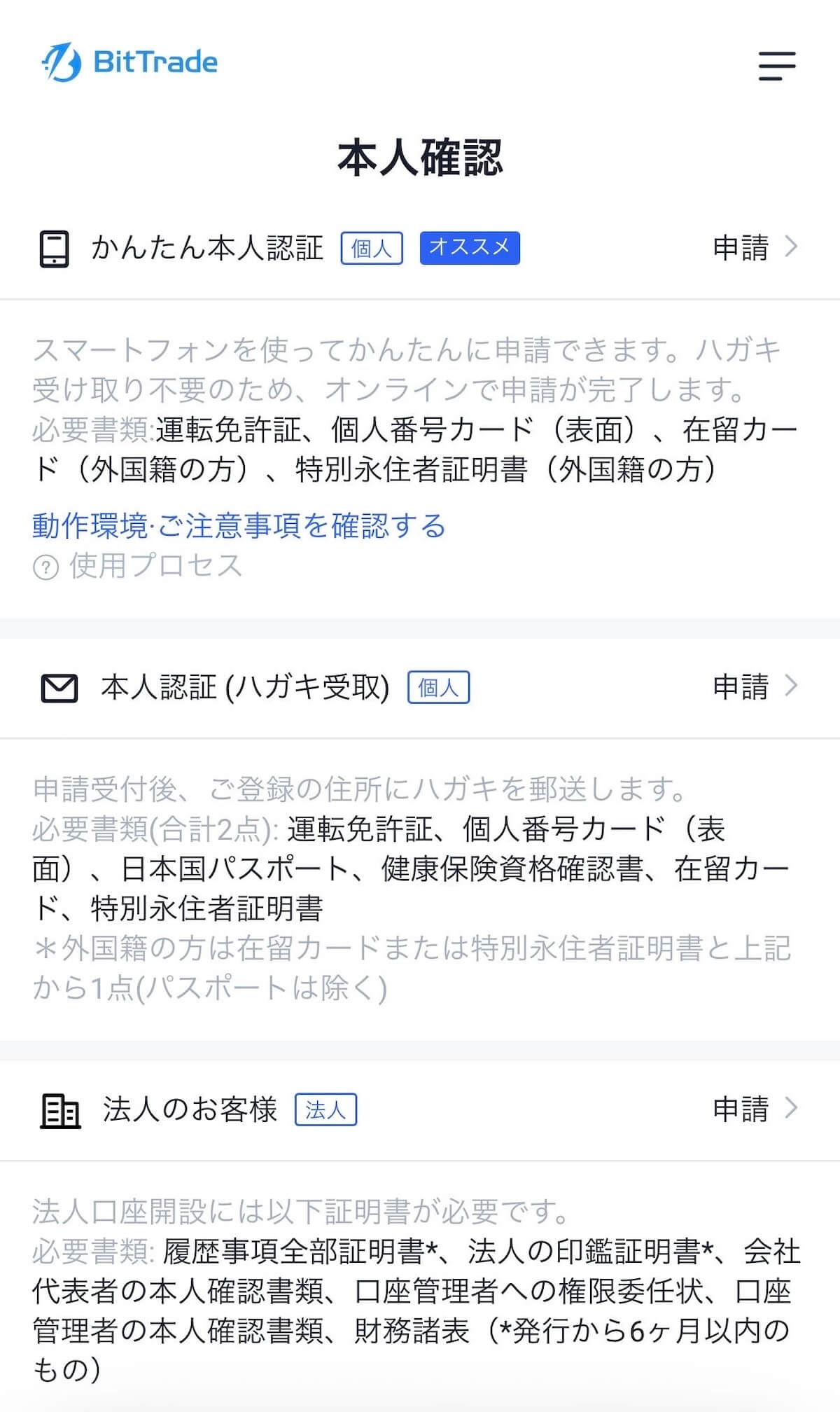 ビットトレード 本人確認方法選択画面（かんたん本人認証・ハガキ受取）
