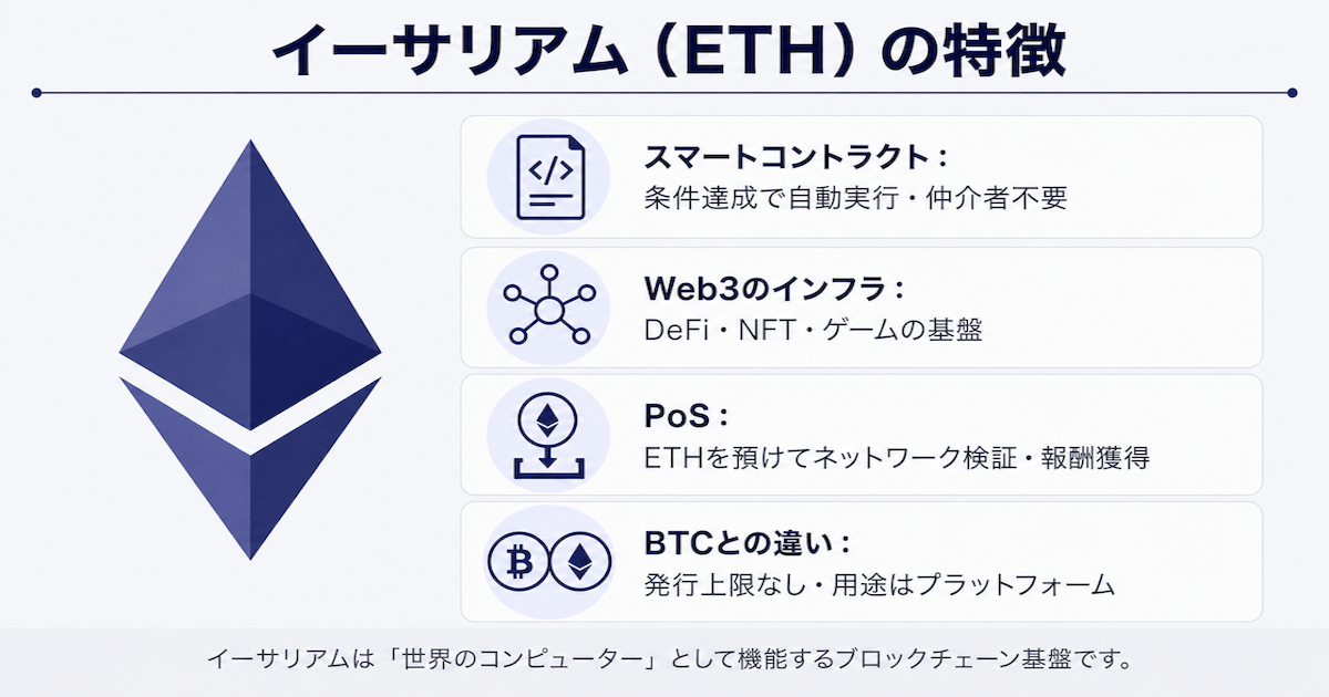 イーサリアム（ETH）の特徴｜スマートコントラクト・Web3インフラ・PoS・BTCとの違いを図解