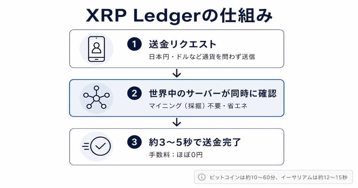 XRP Ledgerの仕組み｜送金リクエストから約3〜5秒で完了するフロー図