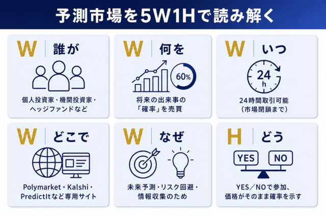 予測市場の仕組みを5W1H（誰が・何を・いつ・どこで・なぜ・どう）で整理した図解